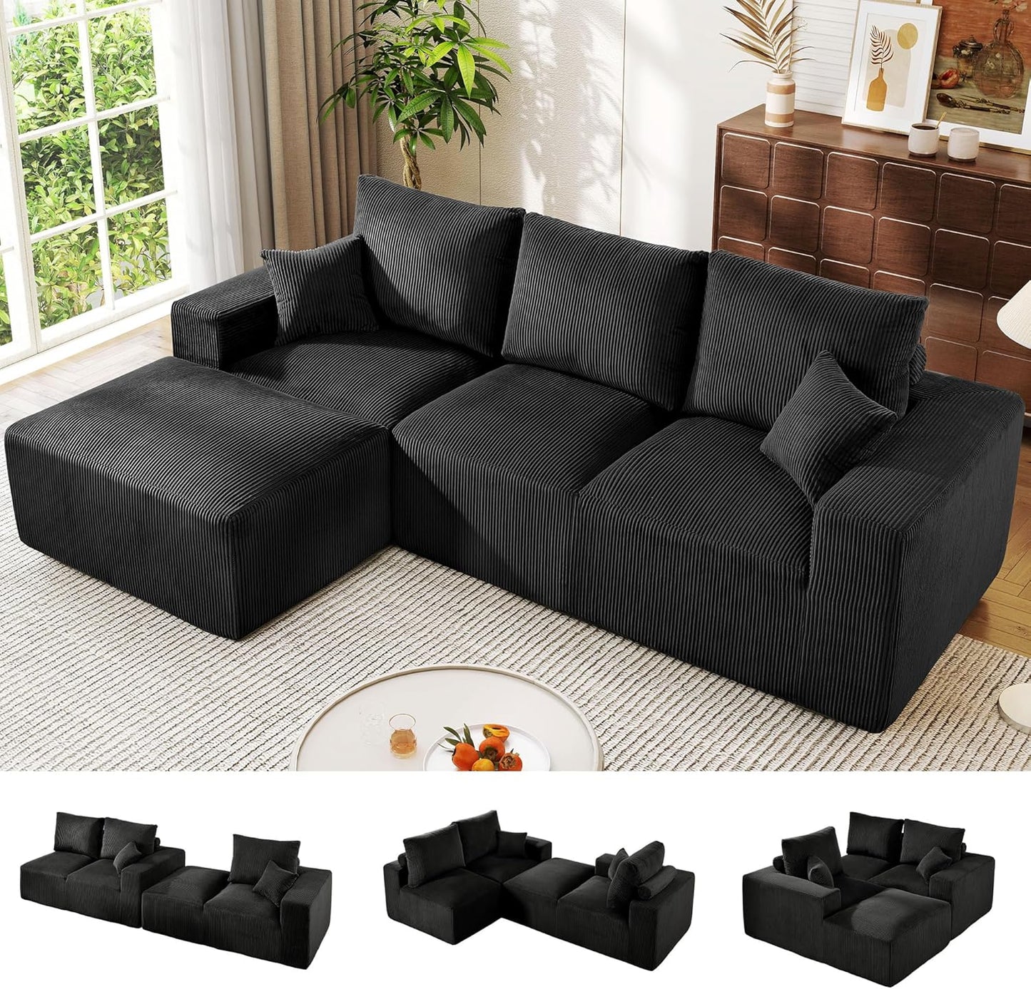 108 Inch Corduroy Cloud Sectional Sofa with Chaise Green