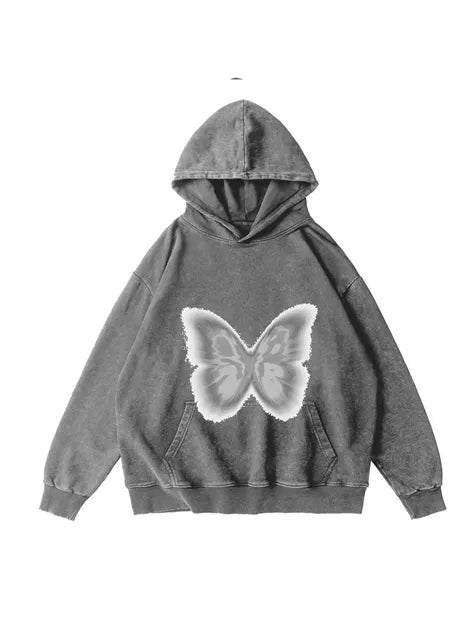 360g Silver Future Butterflies Printed Wash Old Cotton Hoodie