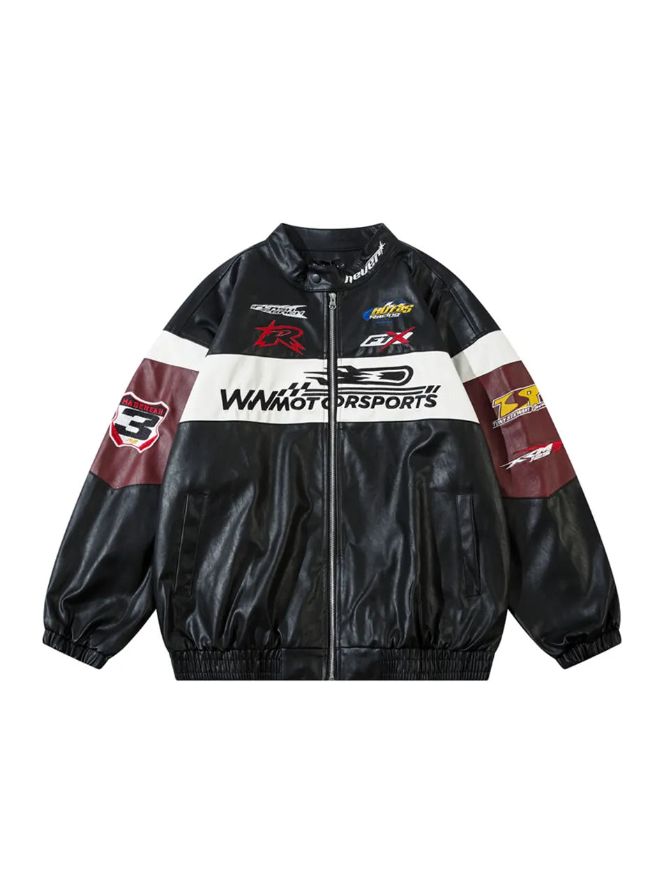 Patchwork Letter Embroidery PU Leather Jacket for Women