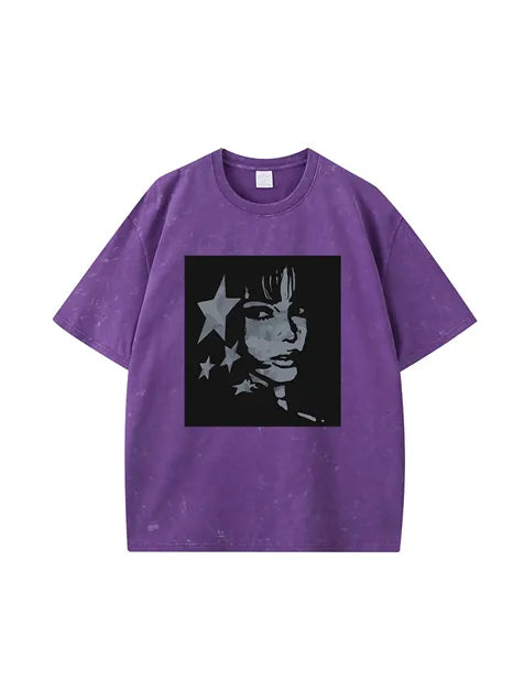 270g Cotton Animation Girl Stars Wash Old T-shirt