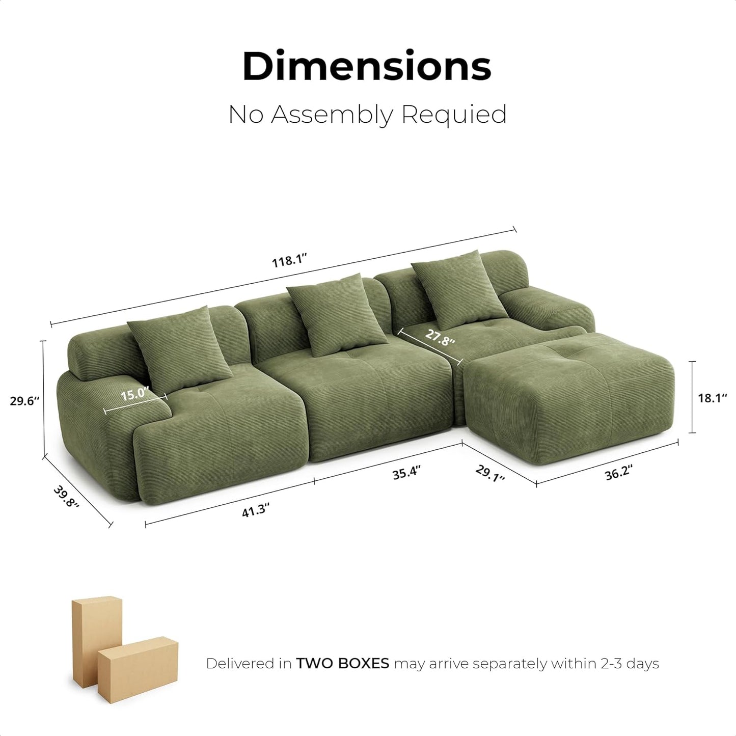 118 Inch L Shaped Modular Sofa with Ottoman Corduroy Beige