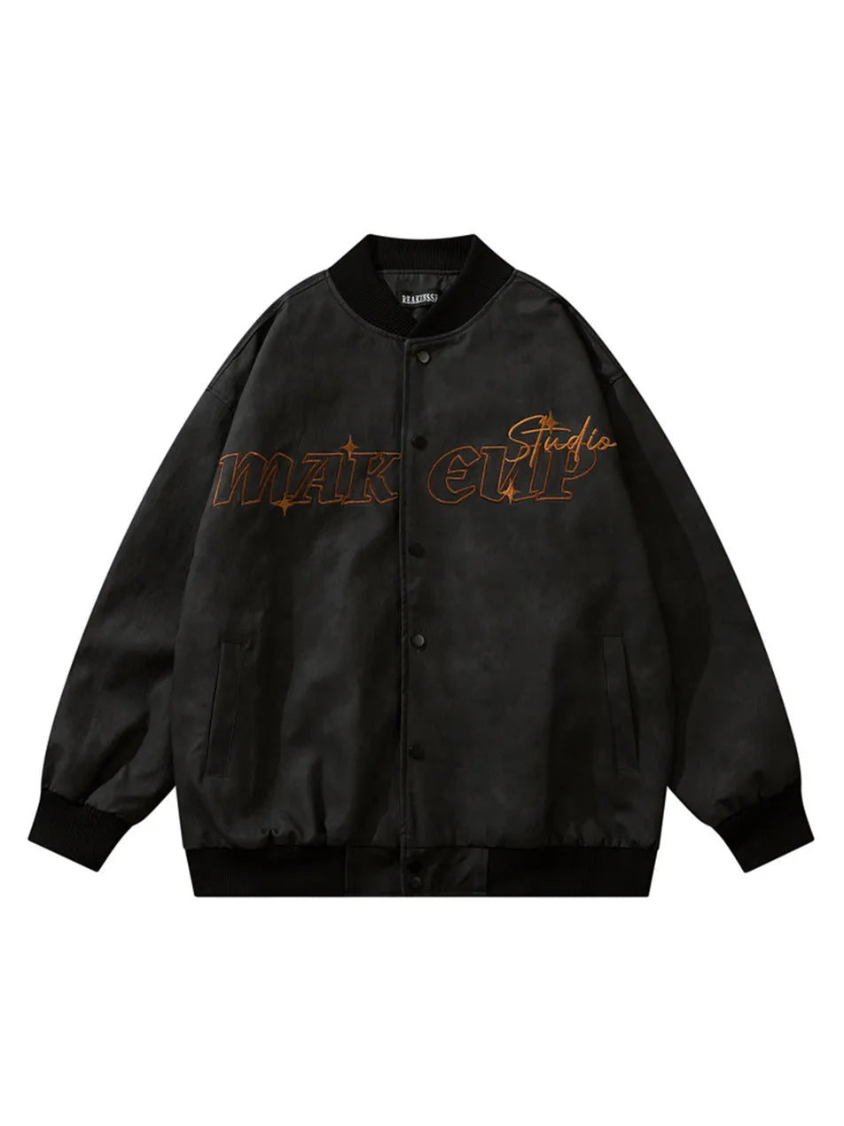 Embroidered Retro Distressed PU Bomber Jacket for Men
