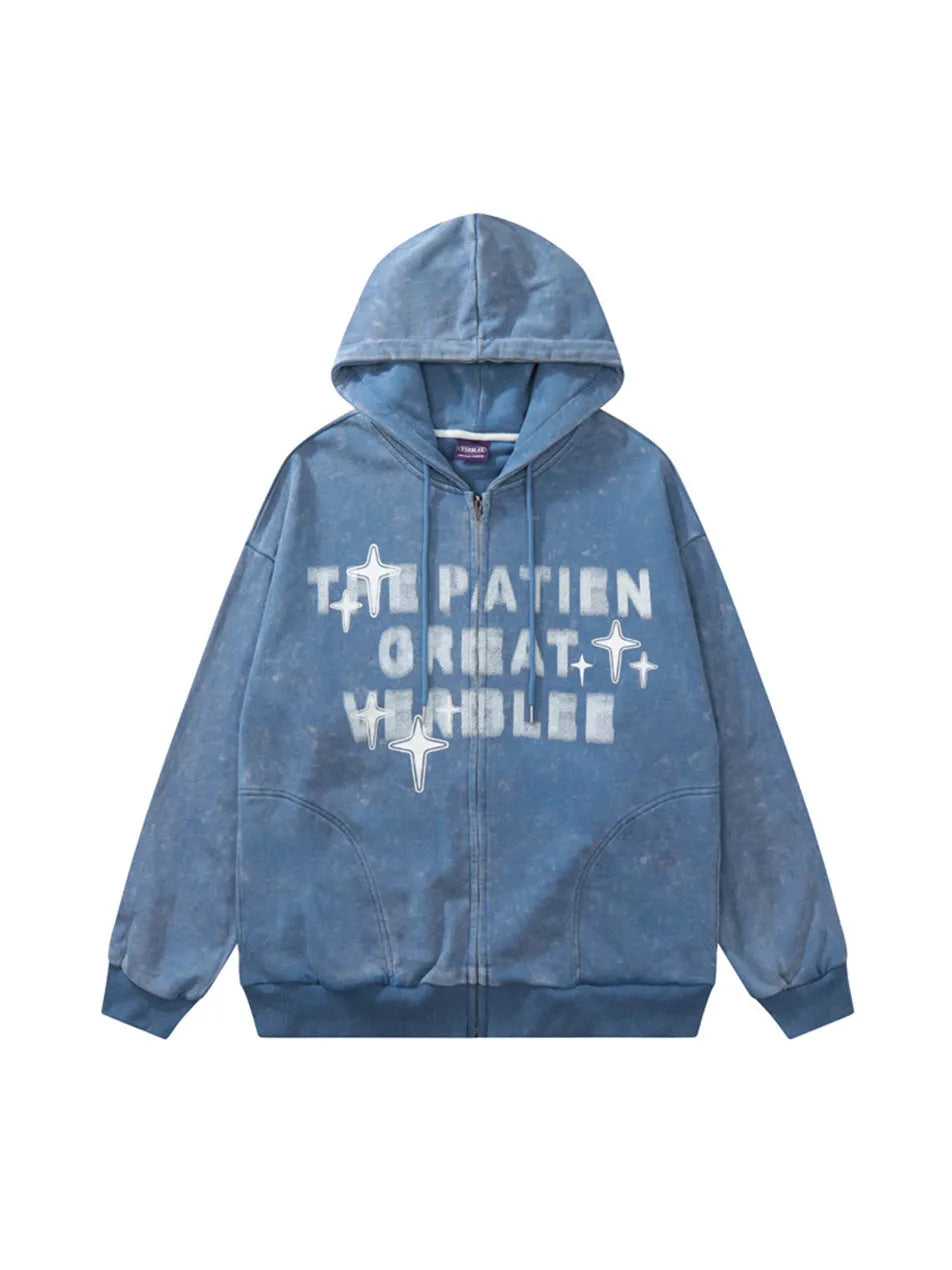 Vintage Star Print Front Zipper Hooded Sweatshirt Sports Men Casual Streetwear