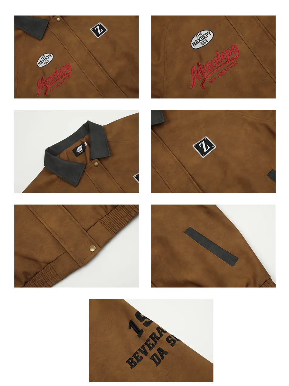 PU Leather Letter-embroidered Patchwork Lapel Jacket for Men