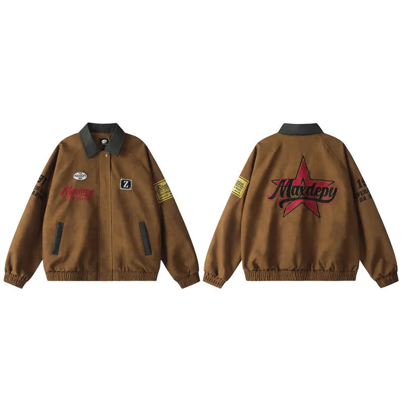 PU Leather Letter-embroidered Patchwork Lapel Jacket for Men