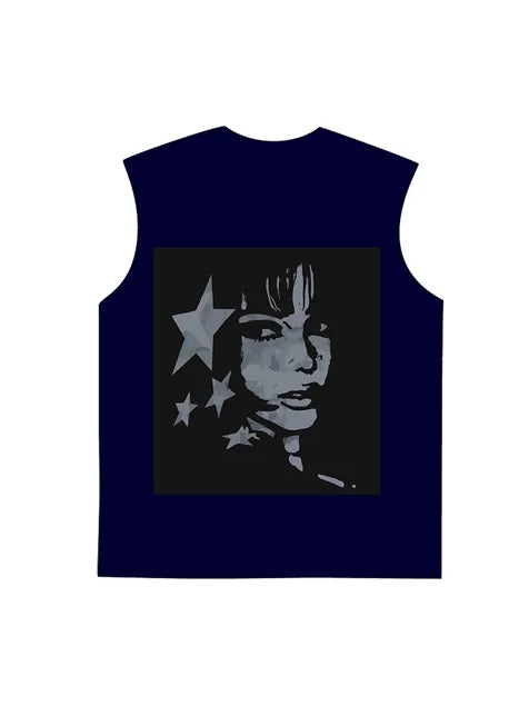 230g Cotton Back Animation Girl Stars Wash Old Sleeveless T-shirt