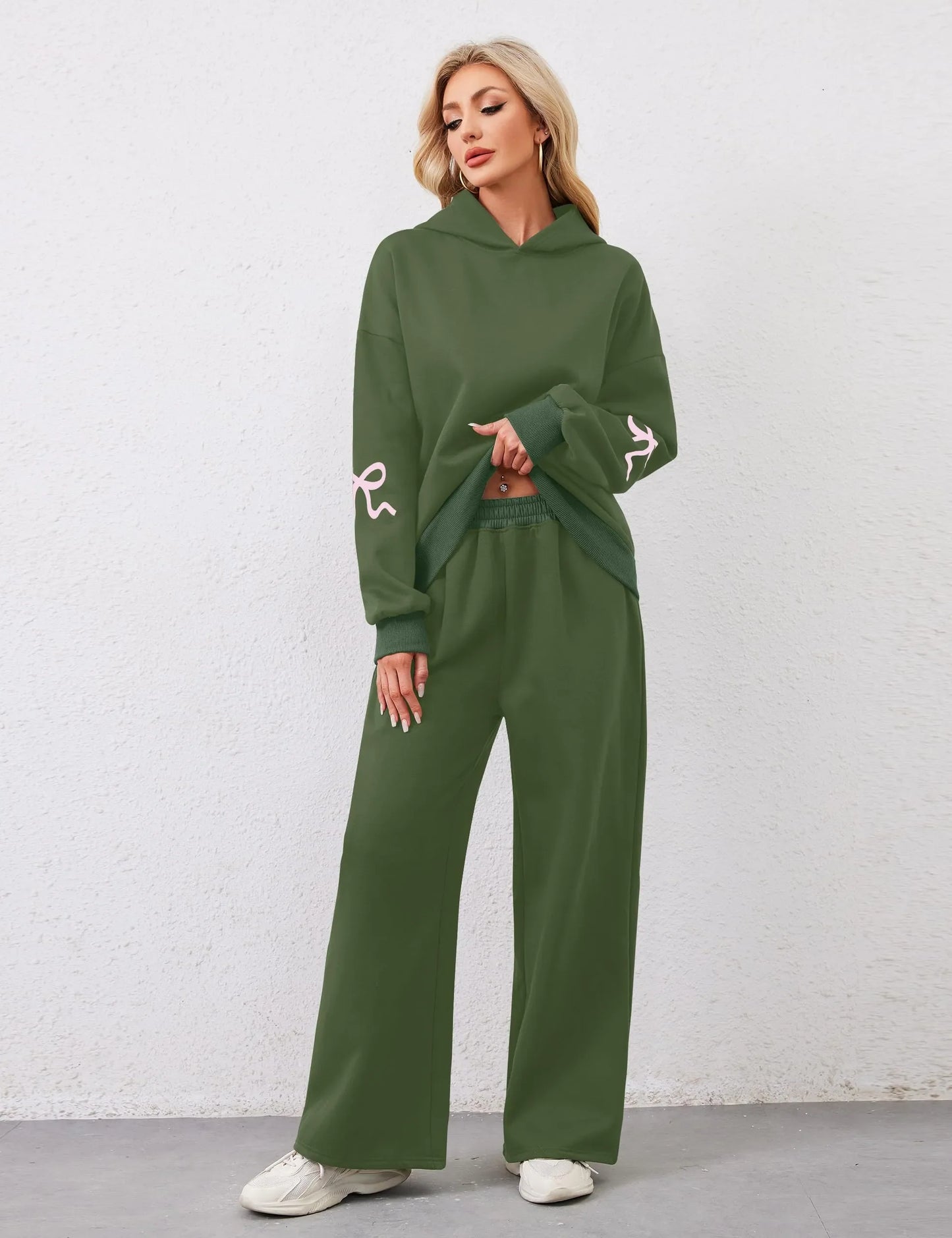 Women's 2 Piece Outfits Bow Trim Print Hoodie Sweatsuit Sets
