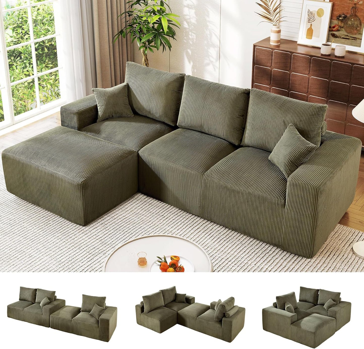 108" Green Corduroy Cloud Sectional Sofa with Chaise