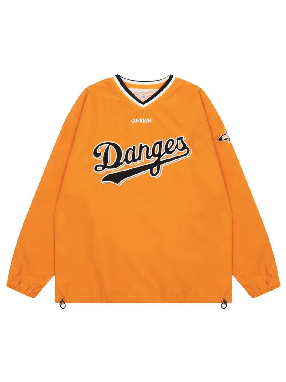 Letter Embroidered V-neck Baseball Sweatshirt for Women