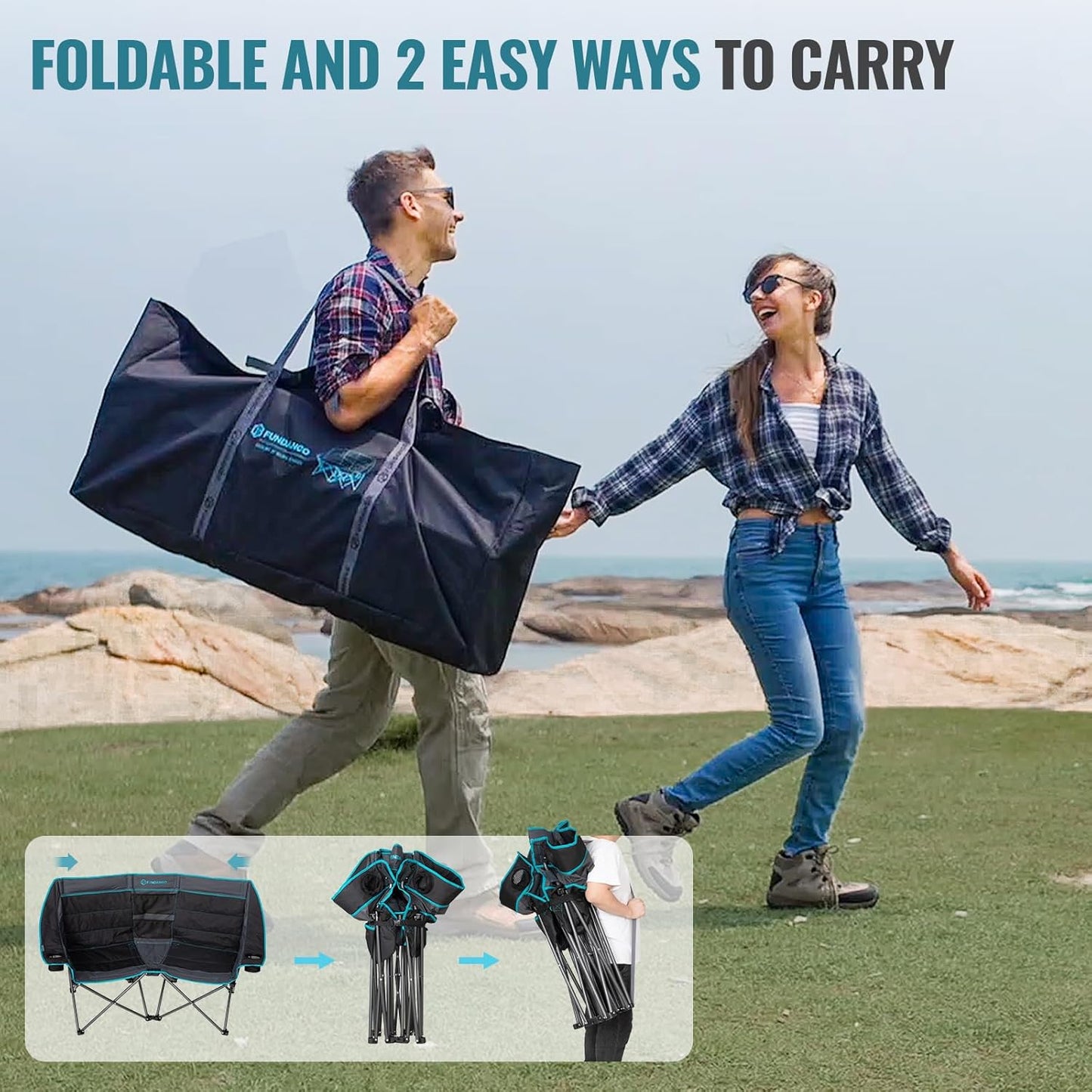 Double Camping Chair with Cooler 2 Person Folding Oversized Loveseat