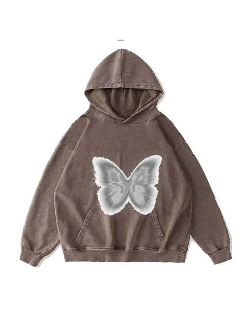 360g Silver Future Butterflies Printed Wash Old Cotton Hoodie