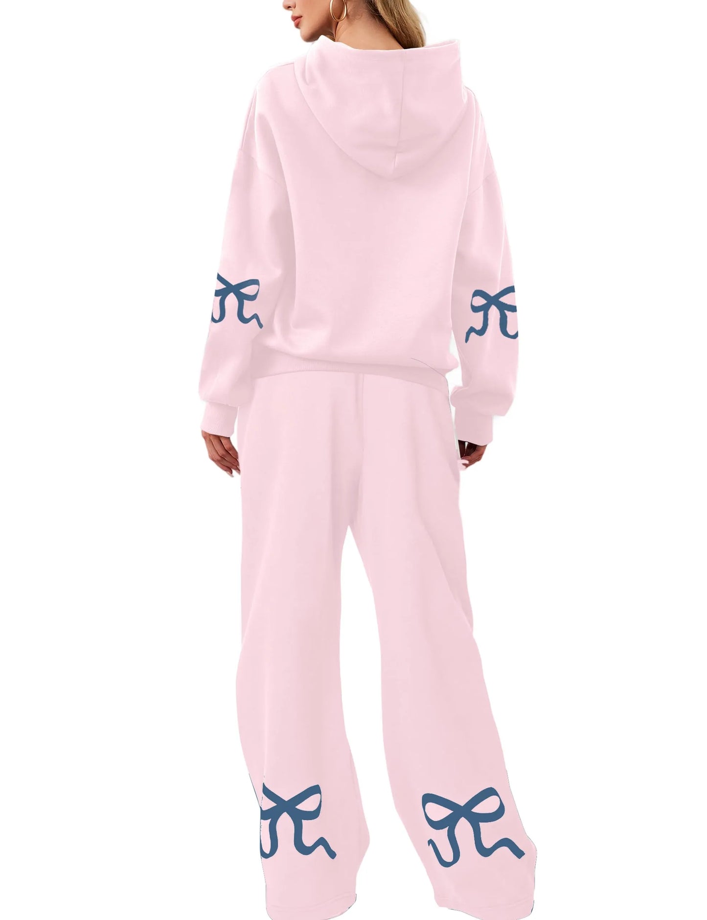 Women's 2 Piece Outfits Bow Trim Print Hoodie Sweatsuit Sets