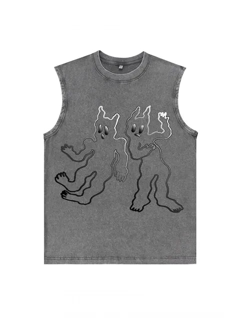 230g Abstract Line Cartoon Printed Wash Old Sleeveless T-shirt