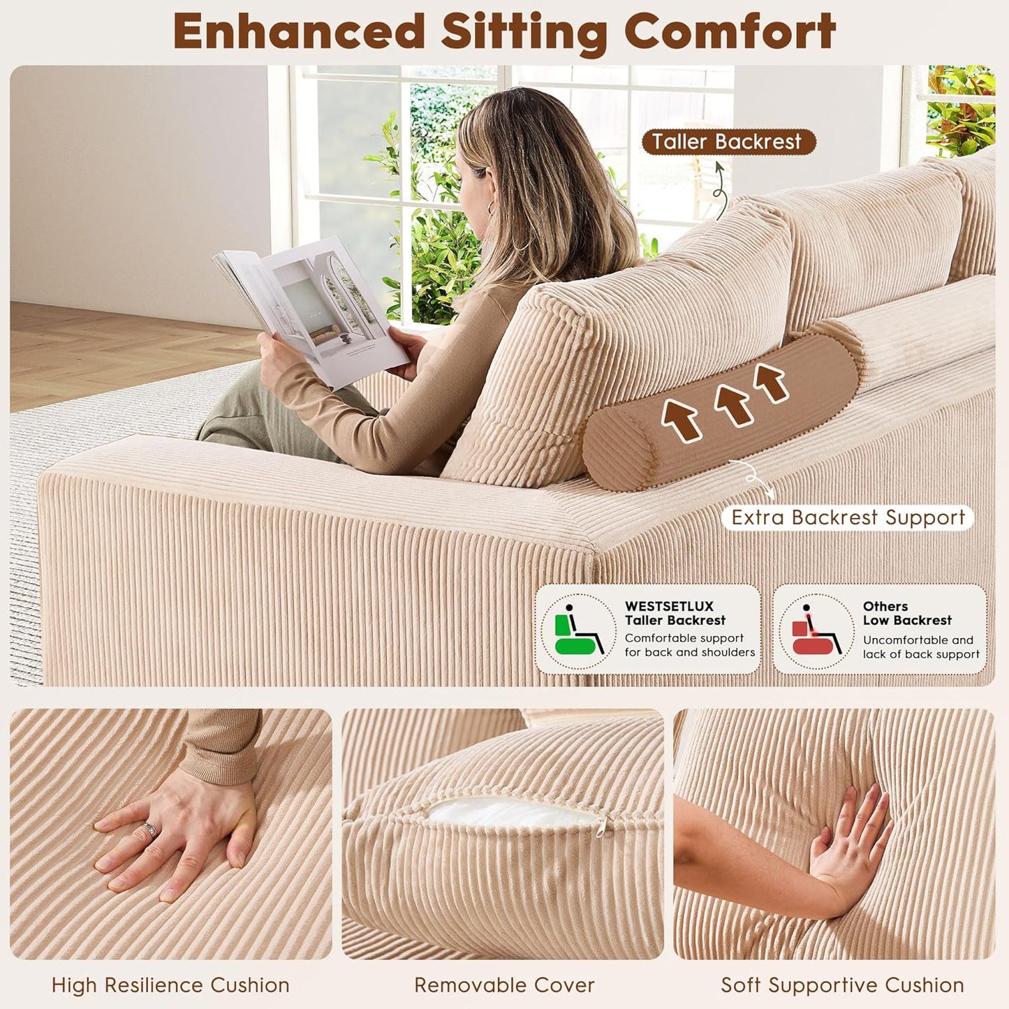 108 Inch Corduroy Cloud Sectional Sofa with Chaise Green