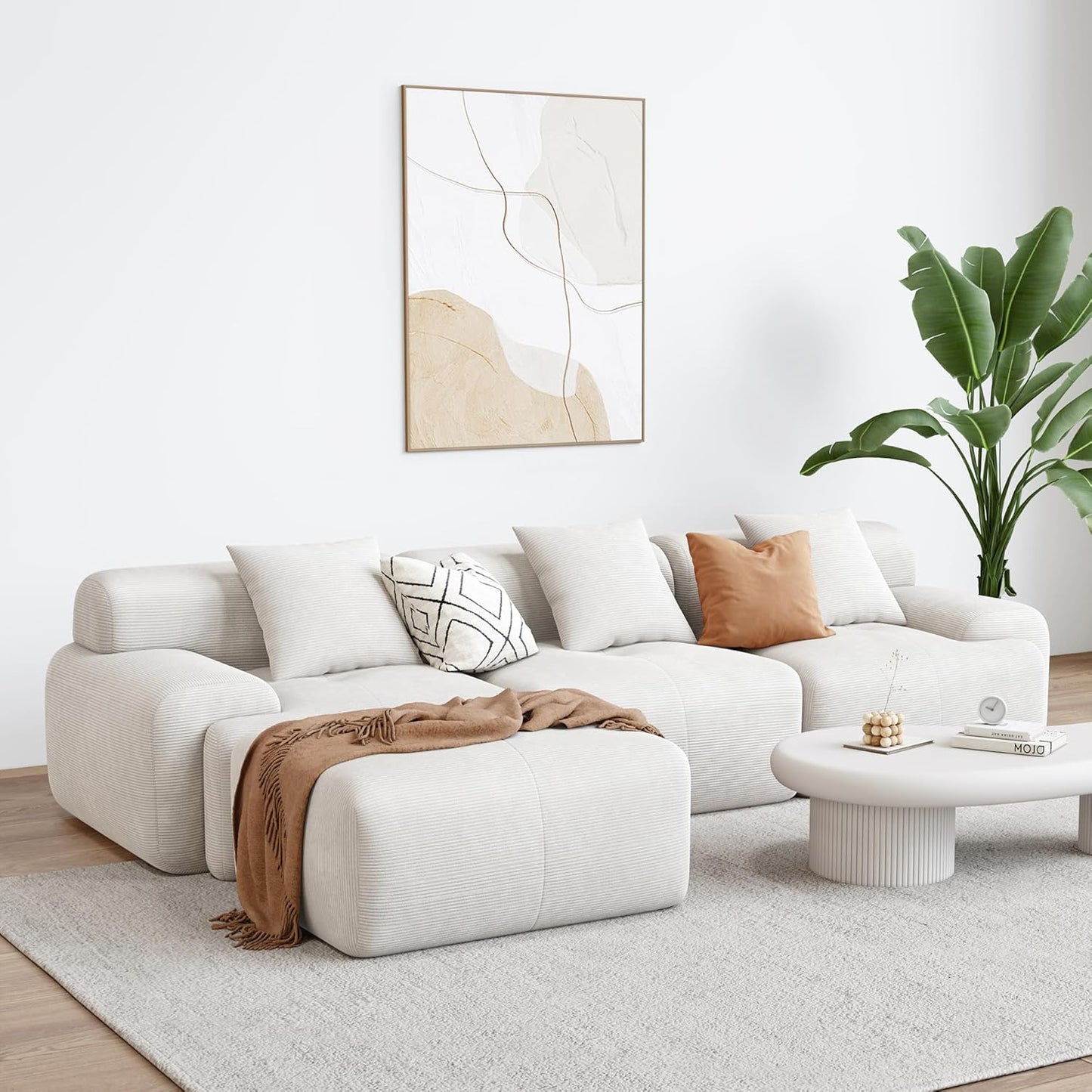 118 Inch L Shaped Modular Sofa with Ottoman Corduroy Beige