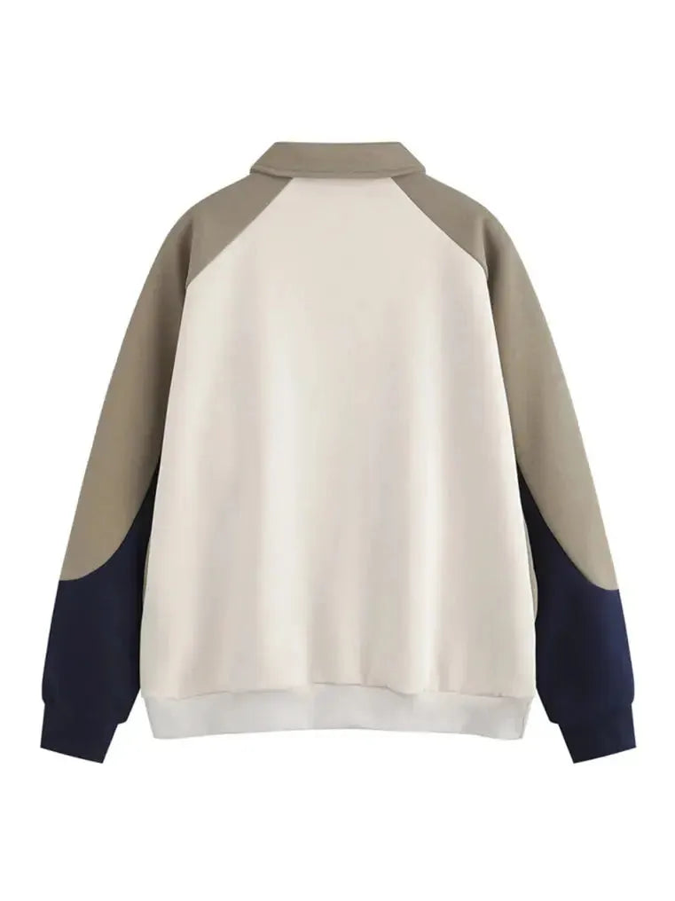 Patchwork Monogram Embroidery Half Zip Polo Sweatshirt