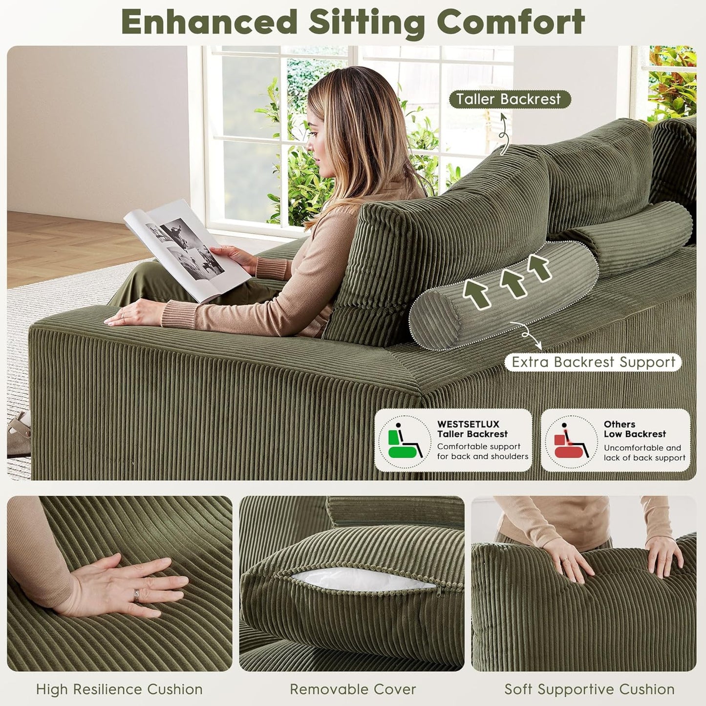 108 Inch Corduroy Cloud Sectional Sofa with Chaise Green