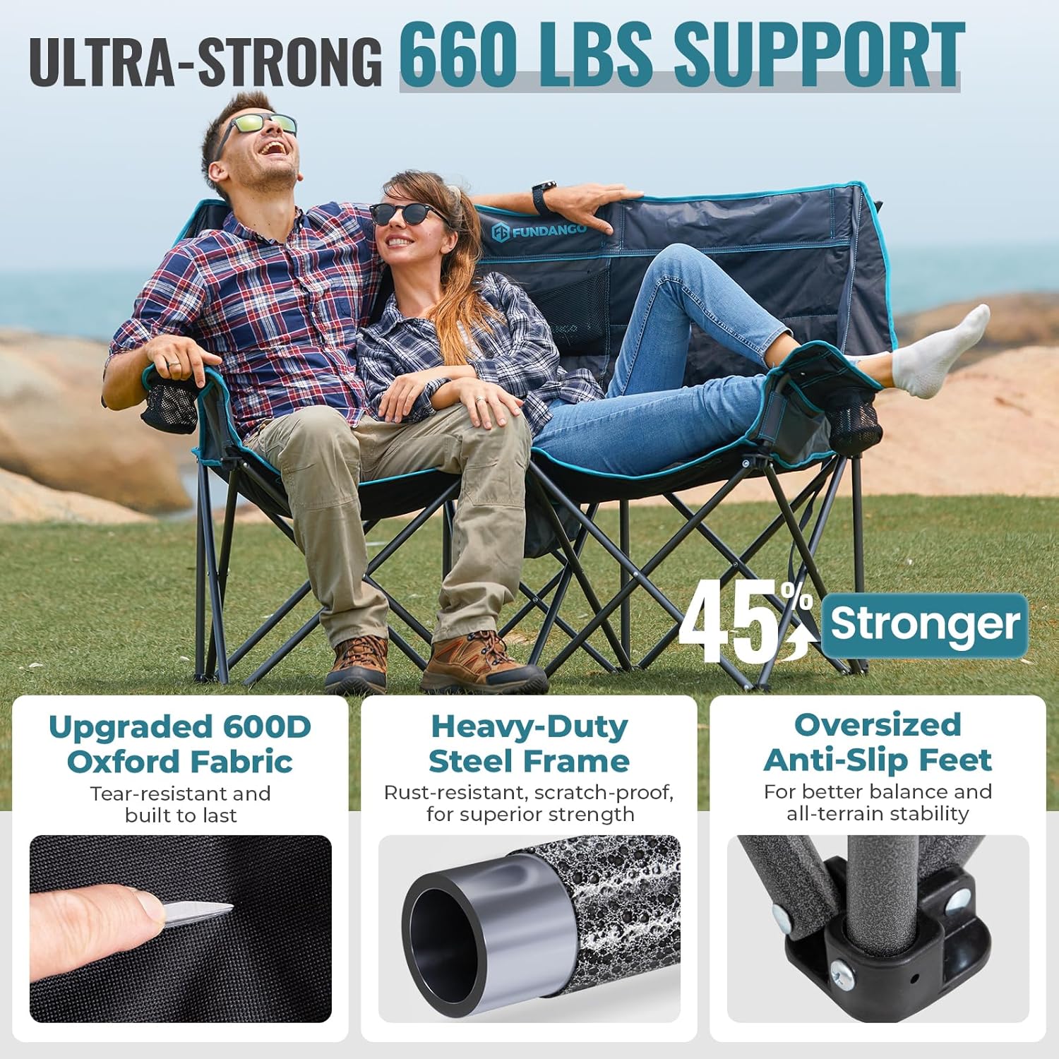 Double Camping Chair with Cooler 2 Person Folding Oversized Loveseat