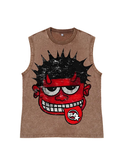 230g Cotton Cartoon Devil Wash Old Sleeveless T-shirt