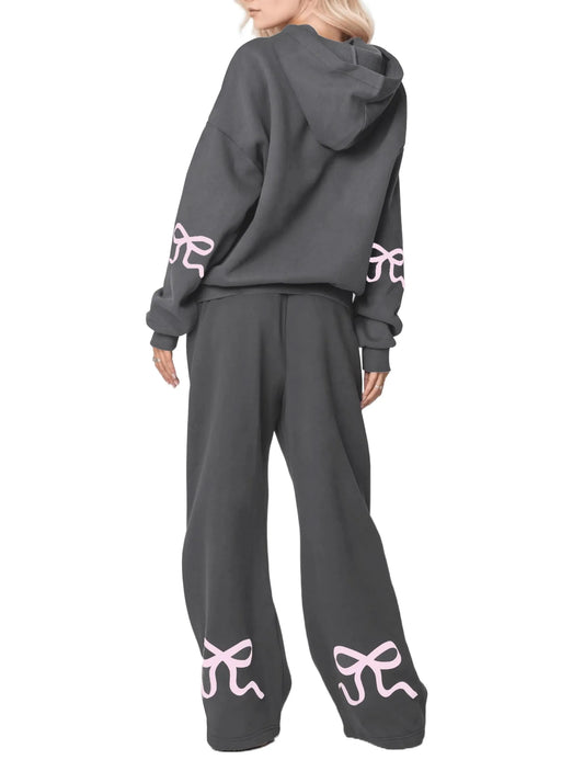 Women's 2 Piece Outfits Bow Trim Print Hoodie Sweatsuit Sets