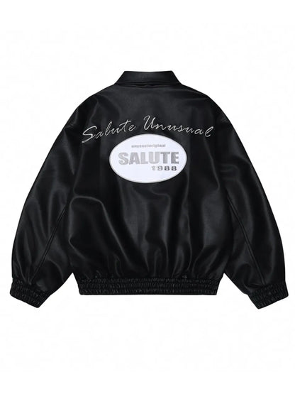 Men's Letter Embroidery Polo PU Leather Jacket