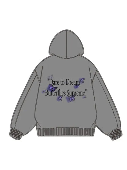 360g Butterflies Back Letter Printed Wash Old Cotton Hoodie