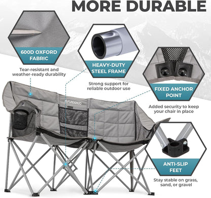 Double Camping Chair with Cooler 2 Person Folding Oversized Loveseat