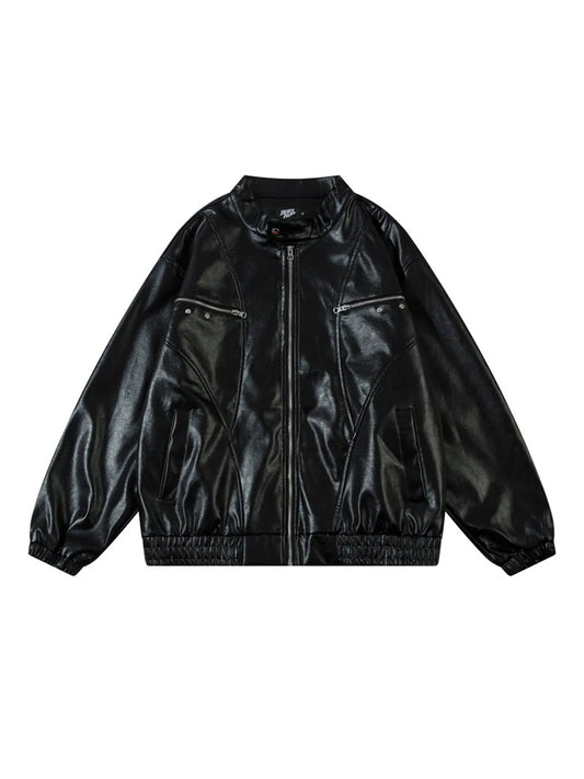 Vintage Letter Printed Zipper Faux Leather Jacket for Men