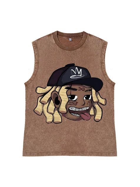 230g Cartoon Hip-hop Wash Old Sleeveless T-shirt