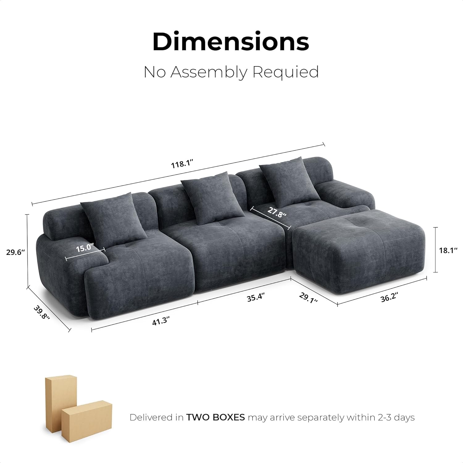 118 Inch L Shaped Modular Sofa with Ottoman Corduroy Beige