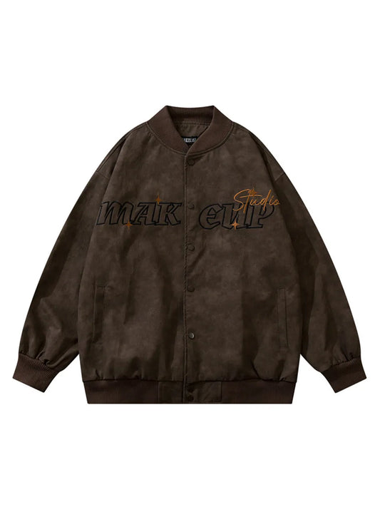 Embroidered Retro Distressed PU Bomber Jacket for Men