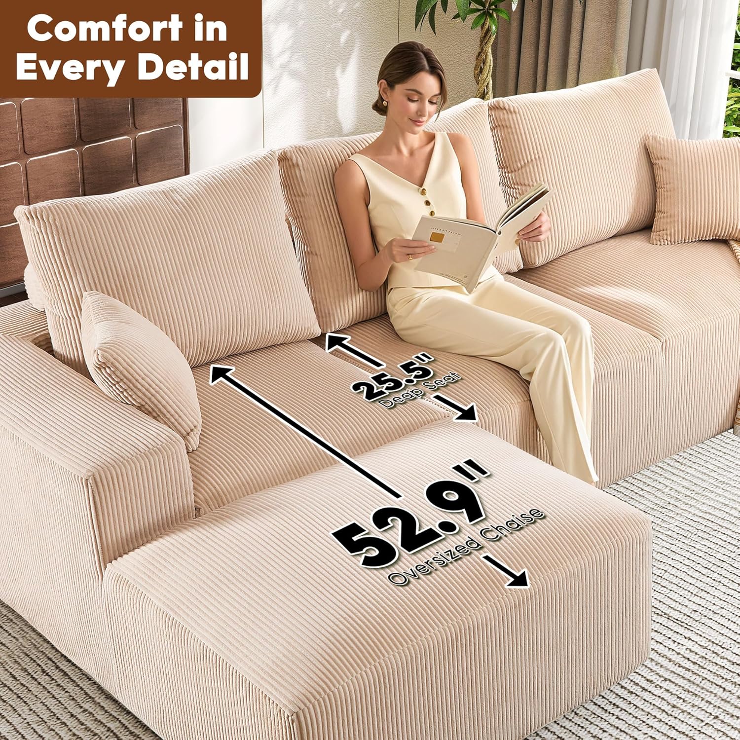 108 Inch Corduroy Cloud Sectional Sofa with Chaise Green