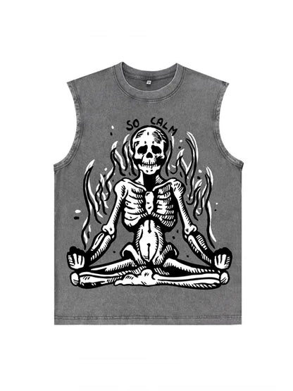 230g Skull Meditation Calm Down Printed Wash Old Sleeveless T-shirt