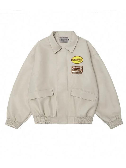Men's Letter Embroidery Polo PU Leather Jacket