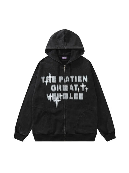 Vintage Star Print Front Zipper Hooded Sweatshirt Sports Men Casual Streetwear