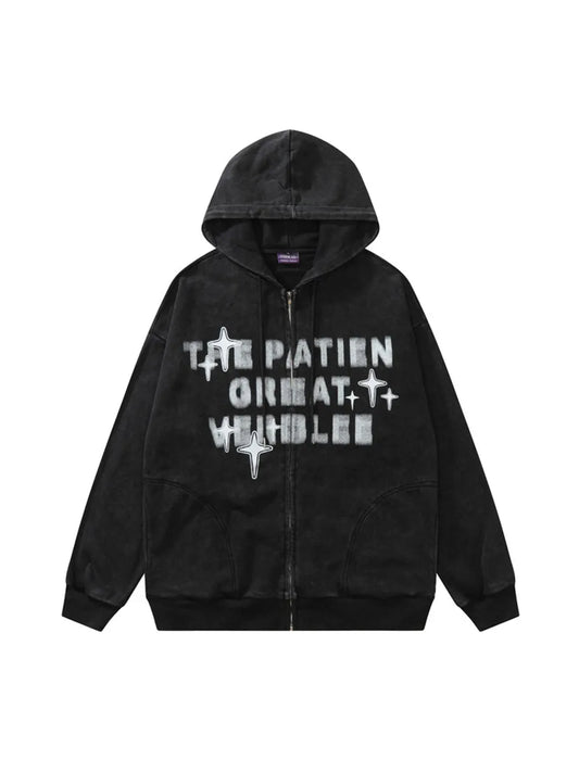 Vintage Star Print Front Zipper Hooded Sweatshirt Sports Men Casual Streetwear