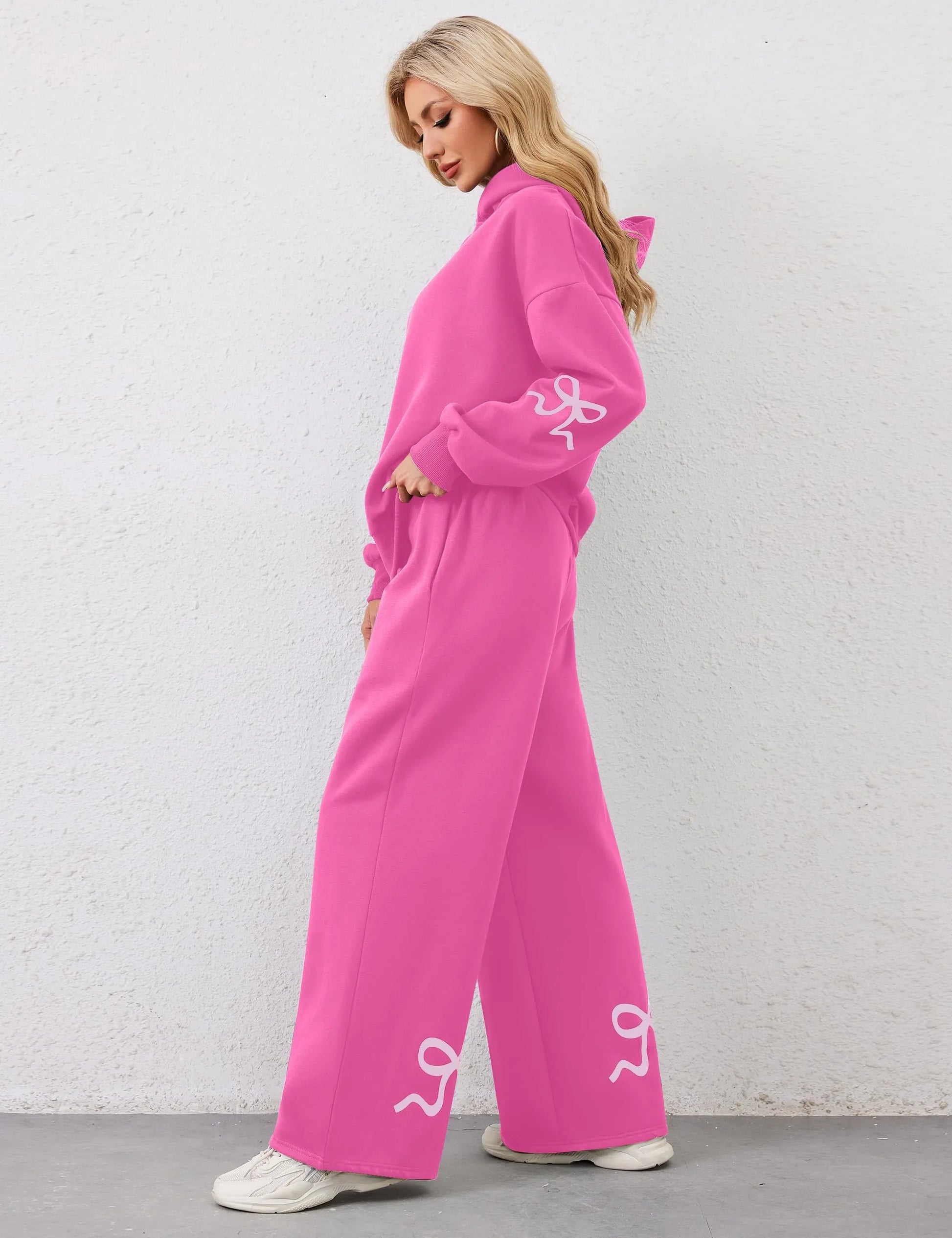 Women's 2 Piece Outfits Bow Trim Print Hoodie Sweatsuit Sets