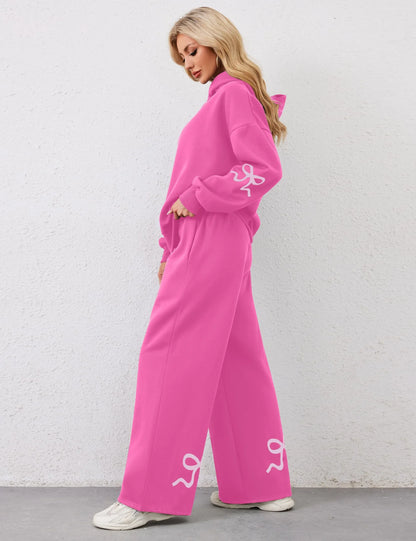 Women's 2 Piece Outfits Bow Trim Print Hoodie Sweatsuit Sets