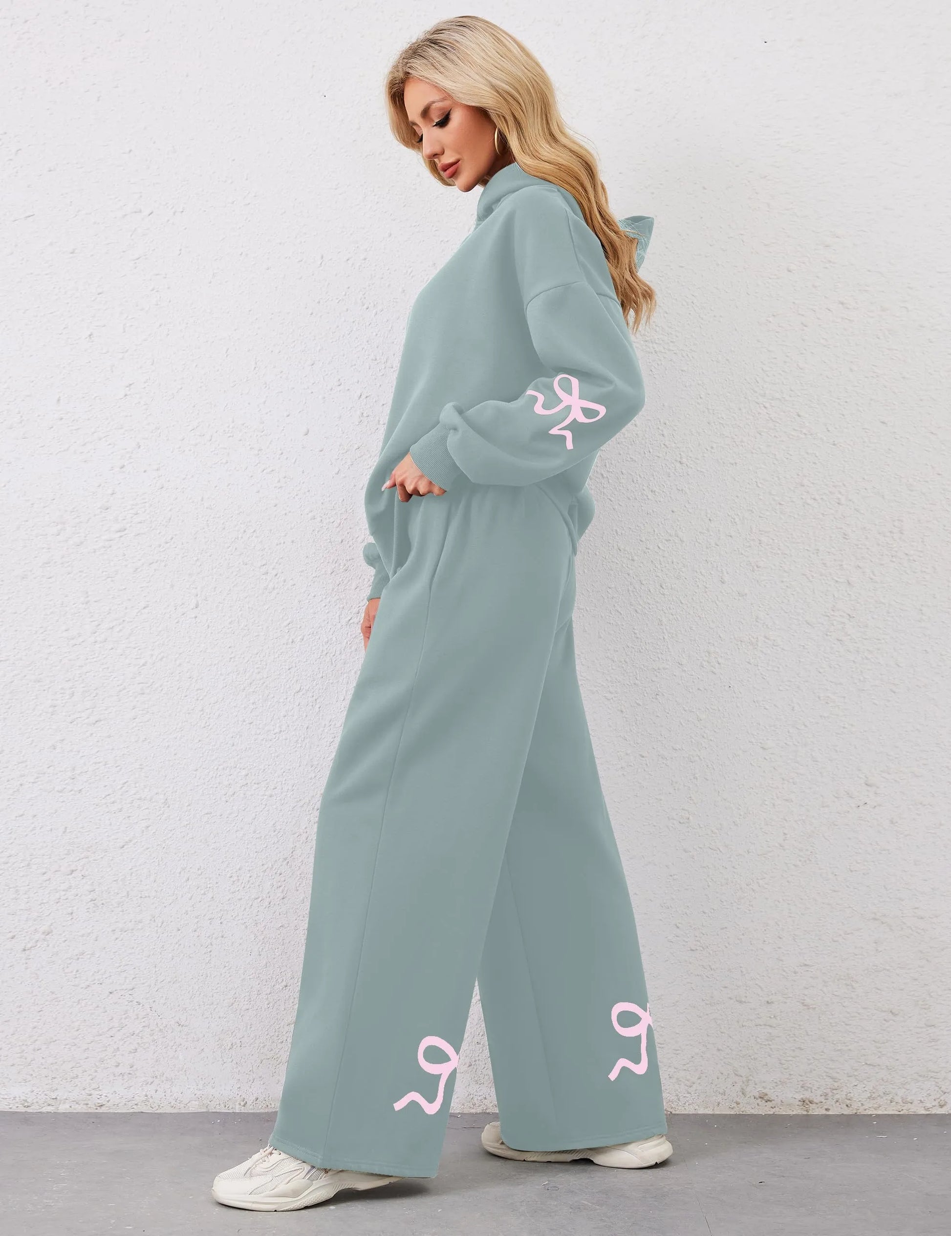 Women's 2 Piece Outfits Bow Trim Print Hoodie Sweatsuit Sets