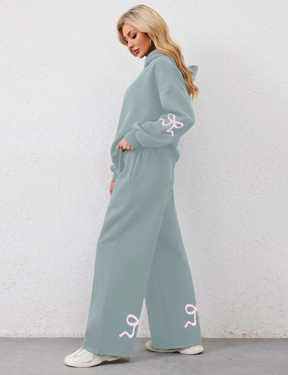 Women's 2 Piece Outfits Bow Trim Print Hoodie Sweatsuit Sets