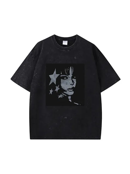 270g Cotton Animation Girl Stars Wash Old T-shirt