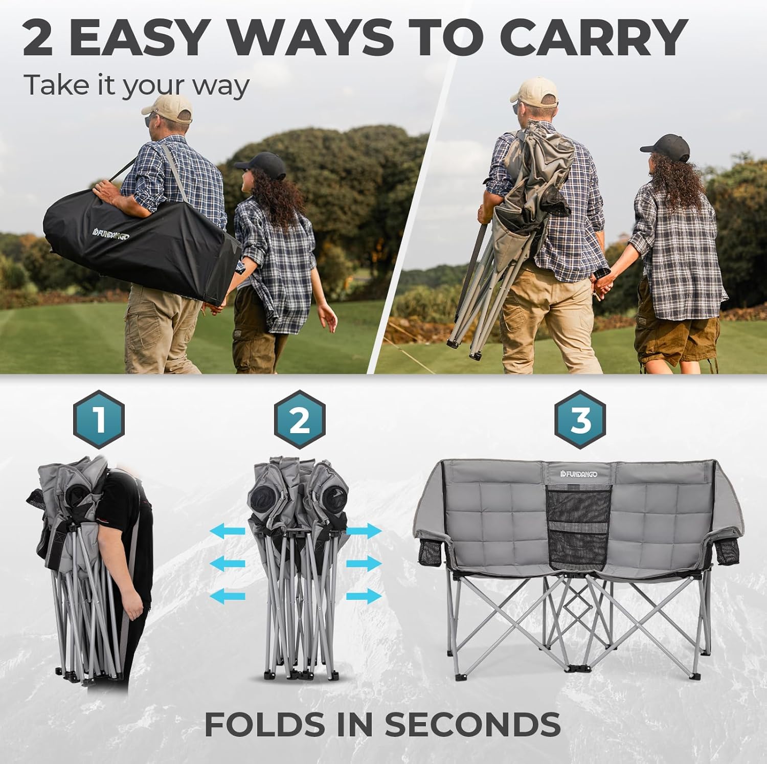 Double Camping Chair with Cooler 2 Person Folding Oversized Loveseat
