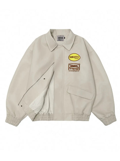 Men's Letter Embroidery Polo PU Leather Jacket