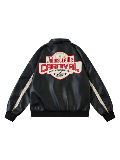 Men's Letter Graphic Long Sleeve PU Leather Loose Casual Jacket, Trendy For Autumn And Winter