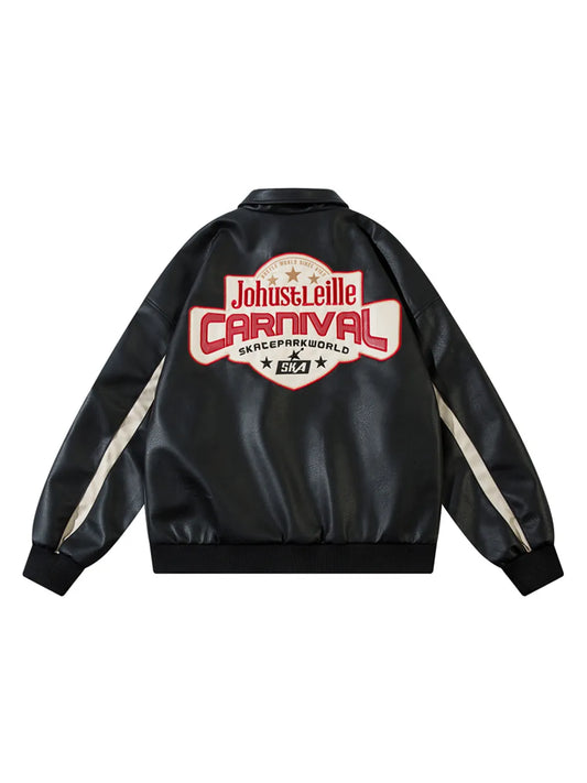 Men's Letter Graphic Long Sleeve PU Leather Loose Casual Jacket, Trendy For Autumn And Winter