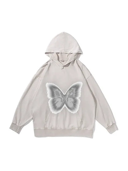 360g Silver Future Butterflies Printed Wash Old Cotton Hoodie