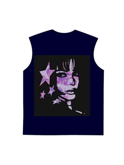 230g Cotton Back Pink Animation Girl Printed Wash Old Sleeveless T-shirt
