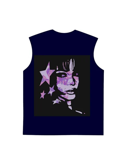 230g Cotton Back Pink Animation Girl Printed Wash Old Sleeveless T-shirt
