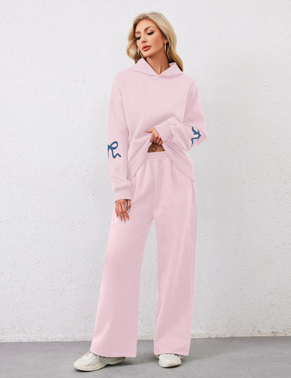 Women's 2 Piece Outfits Bow Trim Print Hoodie Sweatsuit Sets