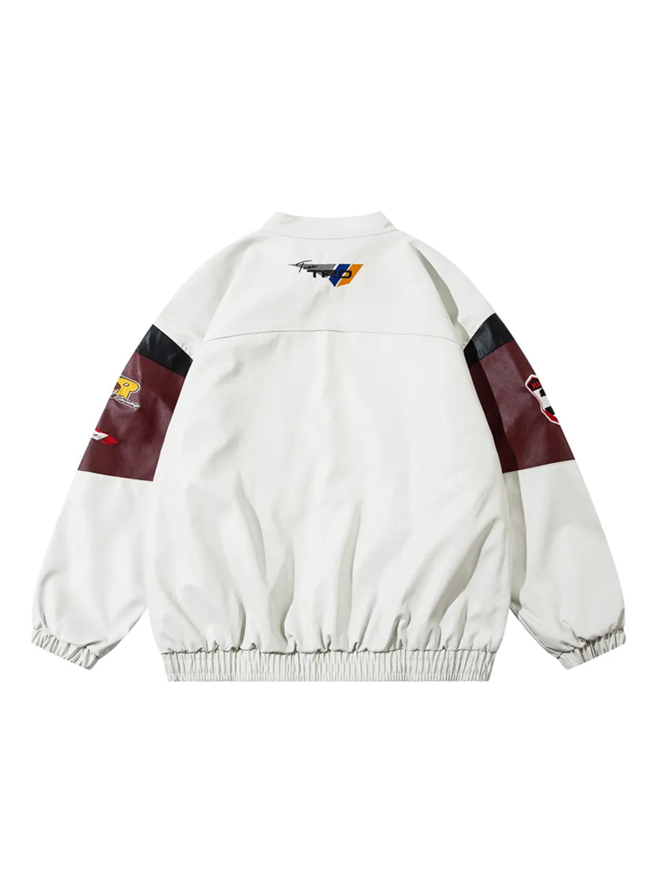 Patchwork Letter Embroidery PU Leather Jacket for Women